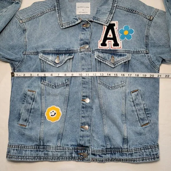 Celebrity Pink Oversized Patchwork Denim Jacket Distressed Womens Small Retro - Picture 7 of 11